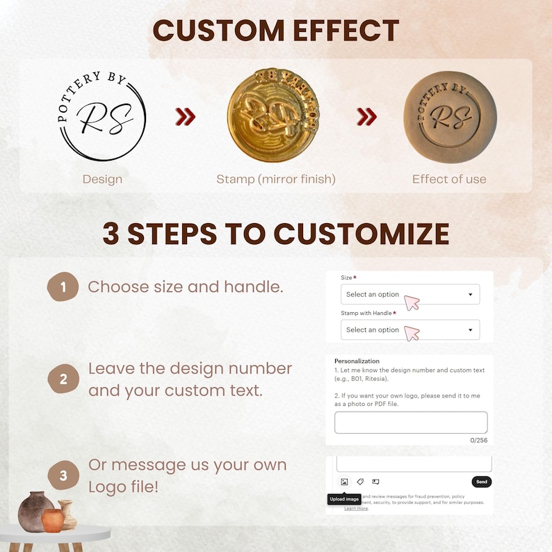 May include: A custom pottery stamp guide showing three steps to customize. The graphic displays a circular logo design, a gold-toned metal stamp with a mirror finish, and a clay impression. It includes text fields for size, handle, and personalization.