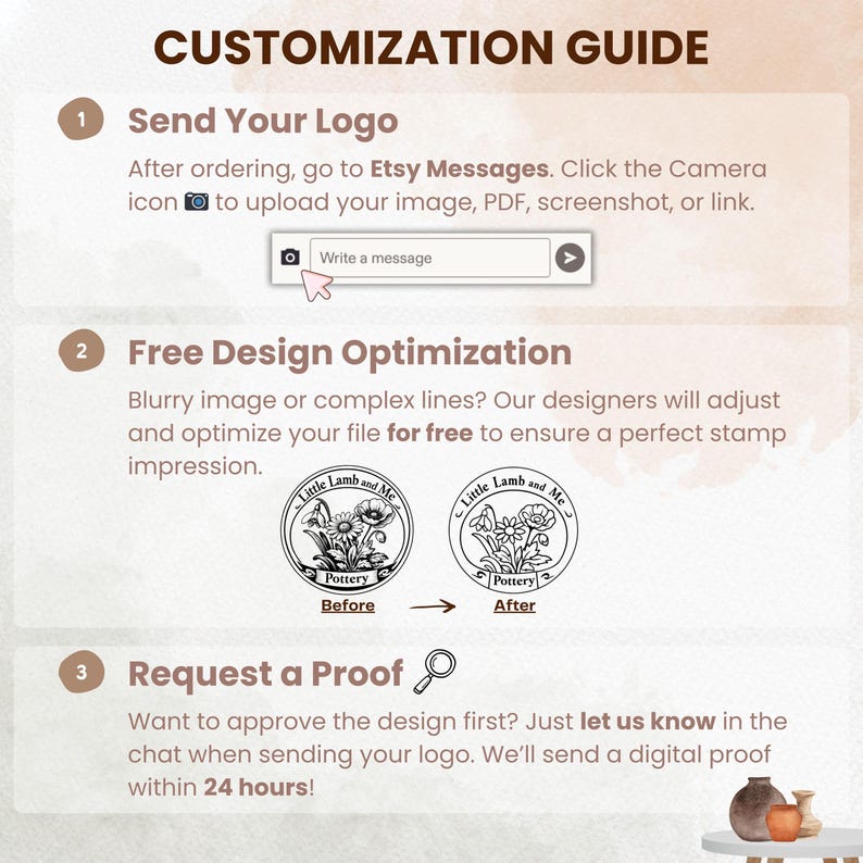 May include: A three-step customization guide infographic with brown text on a light background. Step 1 instructs to send a logo via Etsy Messages. Step 2 explains free design optimization. Step 3 details the process to request a digital proof.
