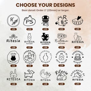 May include: A grid of twenty black line art stamp designs labeled L01 through L20, featuring pottery, animals, and text like Ritesia. The header reads CHOOSE YOUR DESIGNS and Best detail: Order 1" (25mm) or larger. The background is a light watercolor wash.