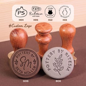 May include: Wooden pottery stamps with various designs and handles. The stamps feature the text "Pottery by Seth Miller" and "Pottery by Ritesia". The image also includes a custom logo and several stamp designs.