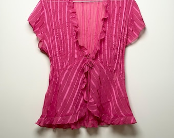Y2K Hot Pink Sheer Ruffle Tie Front Blouse Coquette McBling Top Elementz