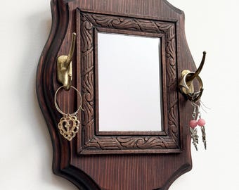 Vintage Wooden Jewelry Organizer with Mirror | Wall Mounted Key Holder | Rustic Entryway Decor | Small Wall Mirror with Hooks