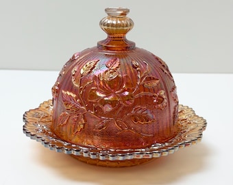 Vintage Marigold Carnival Glass Covered Butter Dish | Imperial Style Rose Pattern Dish