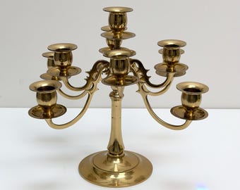 Vintage Brass 9 Arm Candelabra Small Gold Candle Holder Gothic Revival Style Centerpiece Mid Century Decor