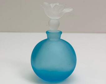Vintage Murano style frosted blue glass perfume bottle with bird stopper, made in Italy