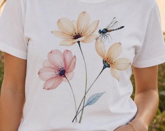 Watercolor Floral Dragonfly T-Shirt, Botanical Nature Lover Tee