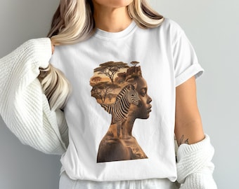 Camiseta de safari para mujer africana, camiseta con estampado de silueta de cebra y naturaleza.