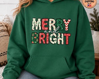 Merry and Bright Sweatshirt, Faux Patchwork Christmas Crewneck, Retro Holiday Embroidered Look Shirt, Cute Winter Graphic Xmas Pullover