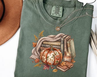 Maglietta con zucca floreale, maglietta autunnale per amanti dei libri, felpa autunnale accogliente, felpa con cappuccio stile cottagecore per il raccolto