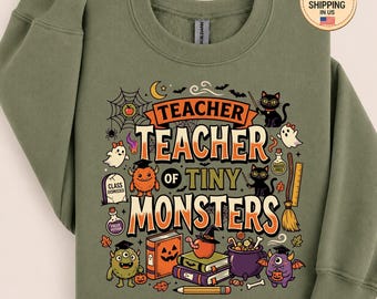 Felpa "Insegnante di Piccoli Mostri" con scritta carina per Halloween, ideale per la scuola materna, girocollo, per insegnanti di ogni ordine e grado. Regalo ideale.