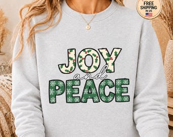Joy and Peace Sweatshirt, Faux Embroidery Christmas Crewneck, Retro Holiday Patchwork Sweater, Cute Christian Winter Apparel Gift for Her