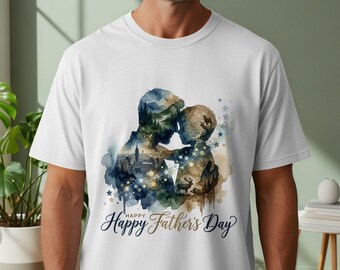 Camiseta con silueta de padre e hijo en acuarela, estampado de paisaje urbano y natural, regalo para hija e hijo