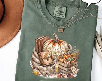 Maglietta accogliente con zucca autunnale, maglietta per amanti dei libri autunnali, felpa cottagecore per il Ringraziamento, felpa con cappuccio a tema raccolto