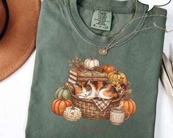 Maglietta accogliente con gatto autunnale, maglietta con gattino autunnale, felpa con zucca per amanti dei libri, felpa con cappuccio in stile cottagecore