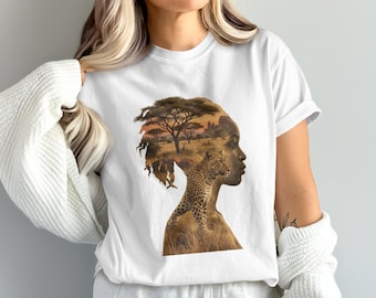 Camiseta con estampado de mujer africana y sabana de leopardo, top de naturaleza y vida salvaje de estilo afrocentrista.