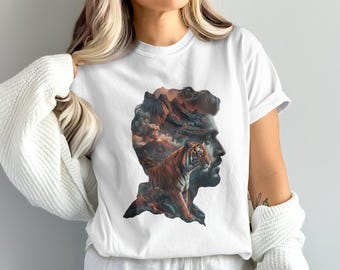 Camiseta gráfica Tiger Volcano Double Exposure para hombre, prenda inspirada en la naturaleza y los animales.