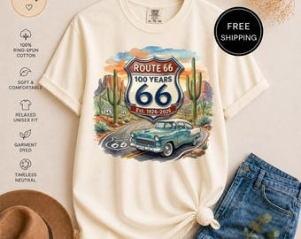 Maglietta Route 66 - Maglietta storica per il centenario dell'auto classica nel deserto - Maglietta vintage da viaggio in auto, nostalgia americana - Regalo per viaggiatori