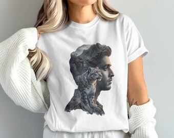 Camiseta de leopardo de las nieves con doble exposición / Camiseta gráfica de naturaleza para hombre