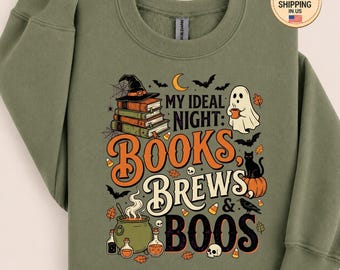 Felpa Books Brews And Boos, felpa con cappuccio a tema libri per Halloween, girocollo per amanti del caffè, maglietta spettrale da lettura, bibliotecaria stregata, abbigliamento per club autunnale