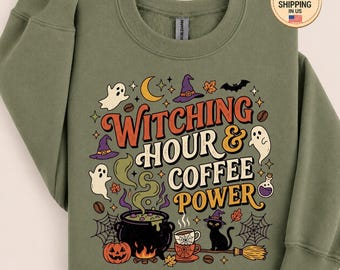 Felpa Witching Hour Coffee Power, felpa con cappuccio Halloween Coffee, girocollo Spoky Barista, maglietta Witchy Caffeine, maglione con fantasma carino