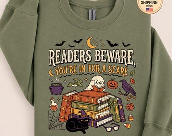 Lettori, state attenti, state per spaventarvi, Halloween da libri, Topo di biblioteca di Halloween, Maglietta fantasma che legge, Felpa girocollo da biblioteca,