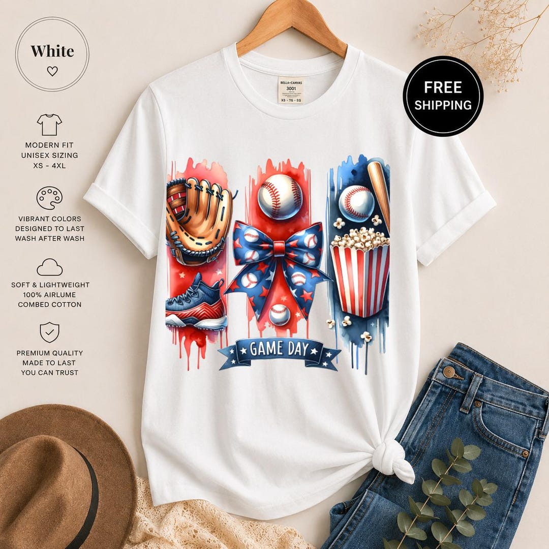 Baseball Game Day T-shirt, Patriotic Sports Fan Apparel, Watercolor ...