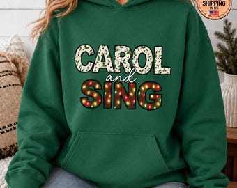 Carol and Sing Sweatshirt, Christmas Caroler Shirt, Holiday Choir Crewneck, Retro Faux Embroidery Christmas Lights Graphic Holiday Gift