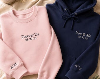 Personalized Embroidered Hoodie Sweatshirt, Custom Date, Initial Sleeve, Anniversary Gift, Wedding Gift for Couples