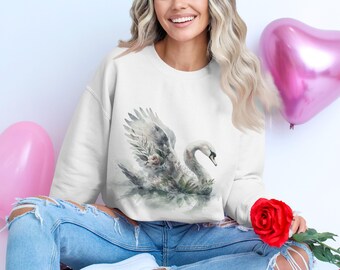 Sudadera con cisne botánico / Cuello redondo con diseño de naturaleza en acuarela / Regalo para amantes de la vida silvestre