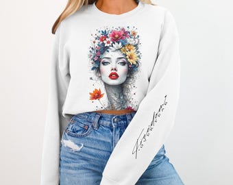 Sudadera de cuello redondo con estampado floral para mujer, arte botánico etéreo, estilo bohemio con corona de flores.