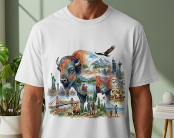 Camiseta de bisonte americano, camiseta de aventura para viajes por EE. UU., regalo para amantes de la vida silvestre en parques nacionales