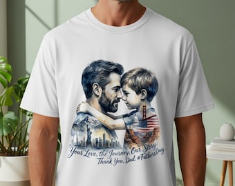 Camiseta con estampado de acuarela "Abrazo de padre e hijo", arte americano, ropa para padres orgullosos.