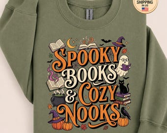 Felpa "Libri spettrali e angoli accoglienti", felpa con cappuccio per la lettura di Halloween, girocollo per amanti dei libri, regalo autunnale per appassionati di biblioteca.