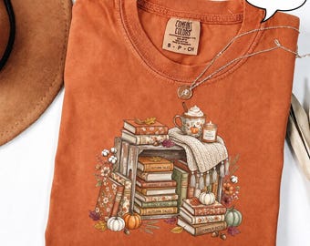 Maglietta accogliente per amanti dei libri, felpa con libri autunnali, felpa con cappuccio per la lettura autunnale, maglietta con zucca in stile cottagecore
