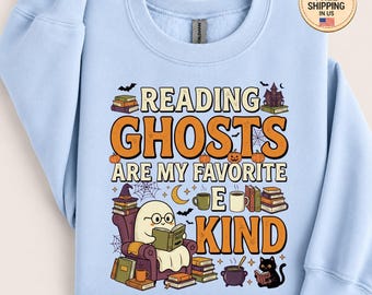 Felpa "Reading Ghosts Are My Favorite Kind", felpa con cappuccio per amanti dei libri di Halloween, felpa girocollo con simpatico fantasma lettore, regalo autunnale per gli amanti della lettura.