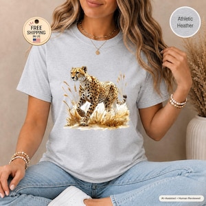 Watercolor Cheetah T-Shirt, Safari Animal Wildlife Tee, Big Cat Graphic Top, Nature Lover Gift, Graceful Spotted Cat Shirt