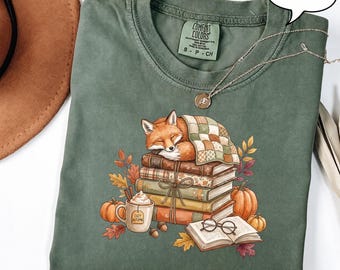 Maglietta autunnale con volpe accogliente, maglietta da lettura autunnale, felpa per amanti dei libri con zucca, felpa con cappuccio a tema bosco