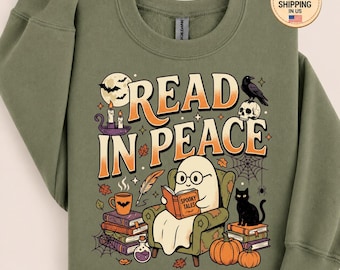 Felpa Read In Peace Armchair, Felpa Ghost Bookworm, Felpa girocollo Cozy Halloween Lounge, Outfit autunnale per amanti dei libri, Maglione spettrale da bibliotecario