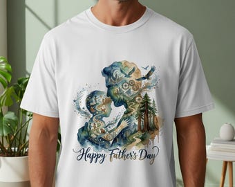 Camiseta Padre e Hijo Abrazo en la Naturaleza con Acuarela, Regalo Artístico para Papá