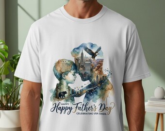 Camiseta de acuarela "Padre e Hijo EE. UU.", regalo patriótico para papá estadounidense.
