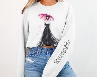 Sudadera con ilustración de moda, sudadera con cuello redondo y estampado de paraguas rosa para mujer glamurosa.