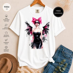 Dark Coquette T-Shirt, Pink Bow Bat Wing Watercolor Print