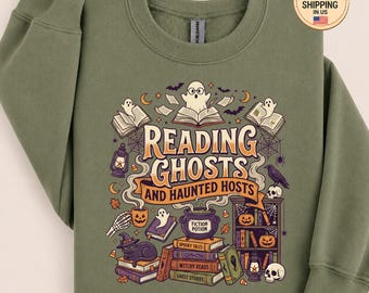 Felpa con fantasmi che leggono e ospiti infestati, felpa con cappuccio per Halloween a tema libri, abbigliamento spettrale per amanti dei romanzi, girocollo da bibliotecario, pullover con gatto stregonesco