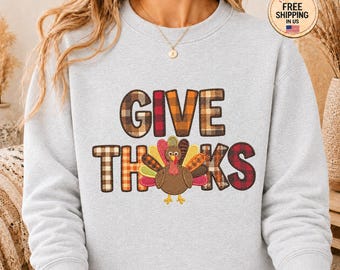 Give Thanks Sweatshirt Faux Embroidery Turkey Thanksgiving Crewneck, Cozy Fall Patchwork Sweater, Cute Friendsgiving Autumn Holiday Gift