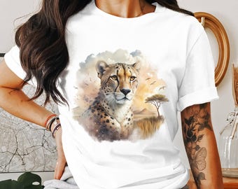 Camiseta con ilustración de guepardo, elegante camiseta de vida silvestre