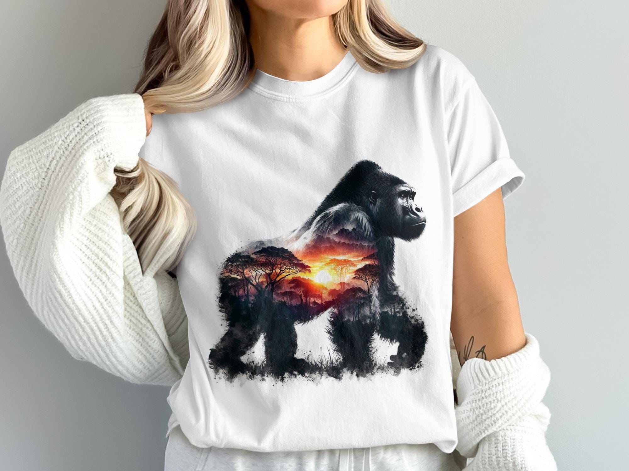 Gorilla Sunset T-Shirt, Watercolor Wildlife Graphic Tee, Nature Lover Apparel