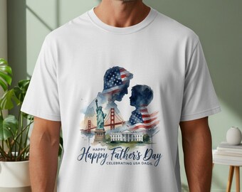Camiseta para el Día del Padre, diseño de acuarela de la bandera de EE. UU. para padre e hijo, regalo para esposo y papá.