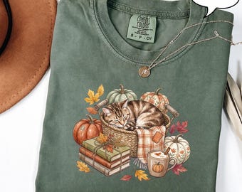 Maglietta autunnale con gatto accogliente, maglietta da lettura autunnale, felpa con zucca per amanti dei libri, felpa con cappuccio in stile cottagecore