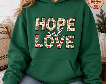 Hope And Love Christmas Sweatshirt Faux Patchwork Gingerbread Holiday Shirt Cozy Christian Crewneck Cute Winter Gingerbread Man Graphic Tee
