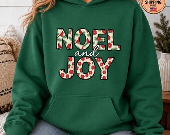 Noel and Joy Sweatshirt, Christmas Cardinal Poinsettia Shirt, Faux Patchwork Holiday Crewneck, Winter Botanical Bird Graphic Sweater